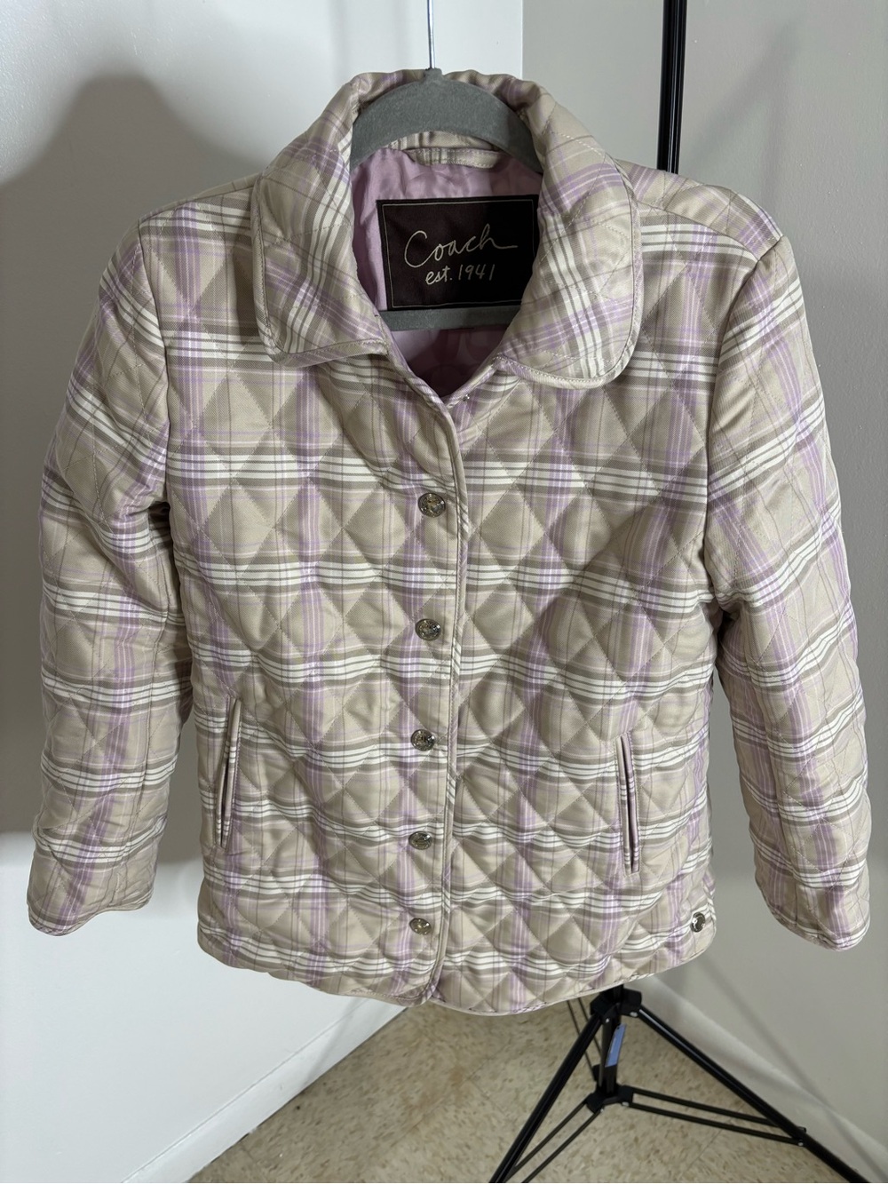 Coach Quilted Plaid Puffer Jacket - Beige & Lilac